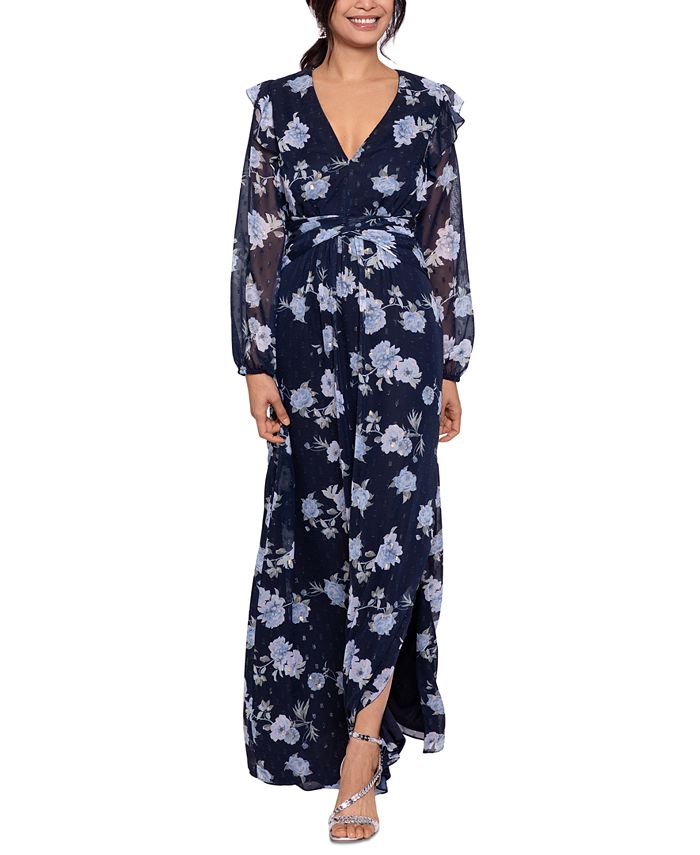 Betsy & Adam Women's Floral Print Long Sleeve Gown Blue Size 6