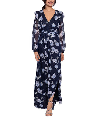 Betsy & Adam Women's Floral Print Long Sleeve Gown Blue Size 6