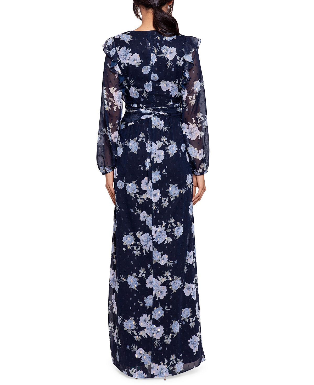 Betsy & Adam Women's Floral Print Long Sleeve Gown Blue Size 6