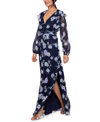 Betsy & Adam Women's Floral Print Long Sleeve Gown Blue Size 6