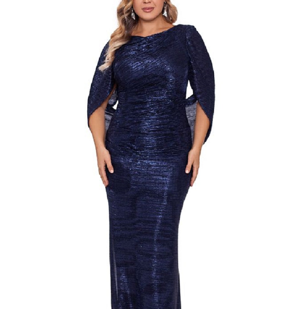 Betsy & Adam Women's Drape Back Crinkled Gown Blue Size 16W