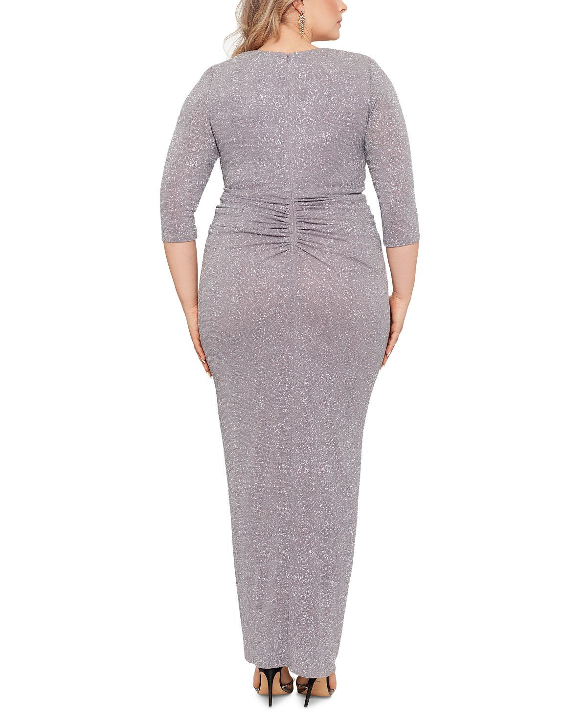 Betsy & Adam Women's Metallic Ruched Long Sleeve Gown Gray Size  22W