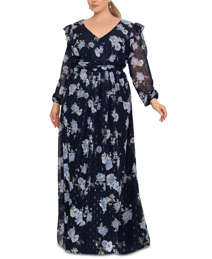Betsy & Adam Women's Floral Chiffon Gown Blue Size 14W