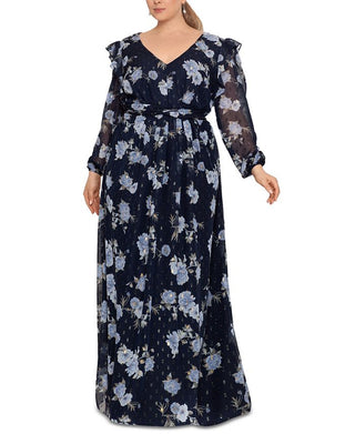 Betsy & Adam Women's Floral Chiffon Gown Blue Size 14W