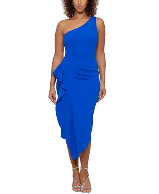 Betsy & Adam Women's One Shoulder Ruffled Midi Dress Blue Size 14
