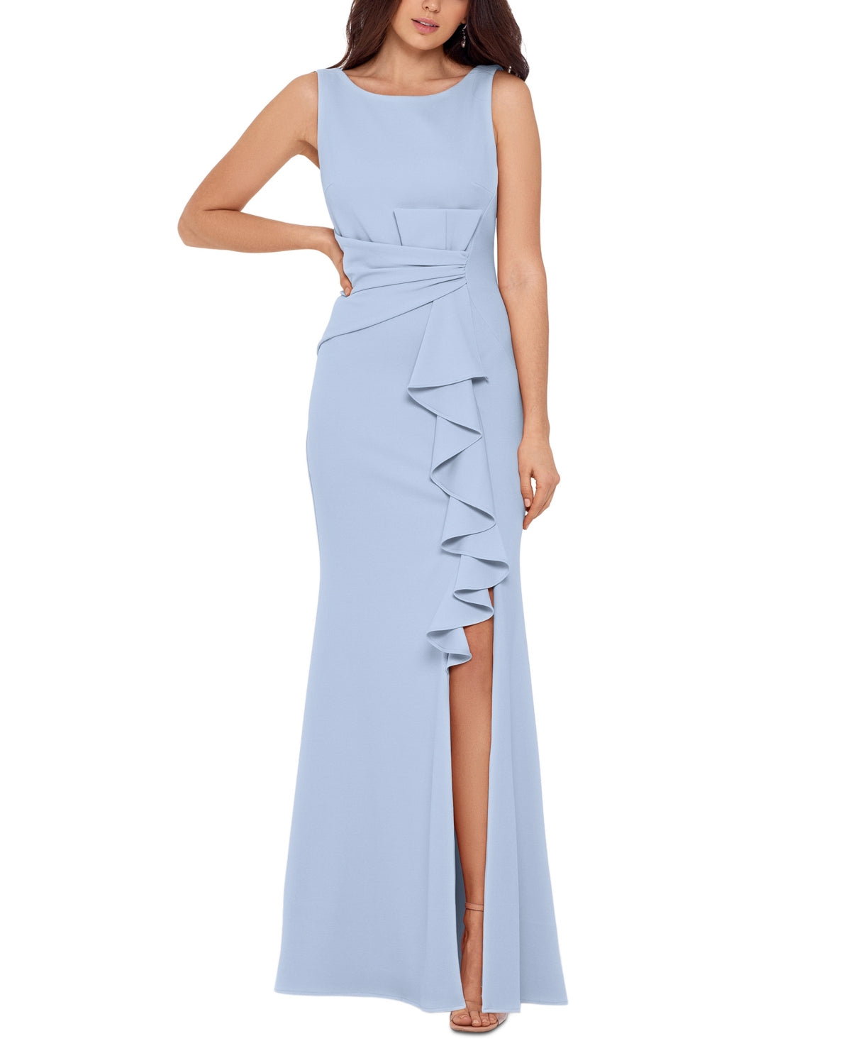 Betsy & Adam Women's Boat Neck Waterfall Ruffle Detail Gown Blue Size 10Petite