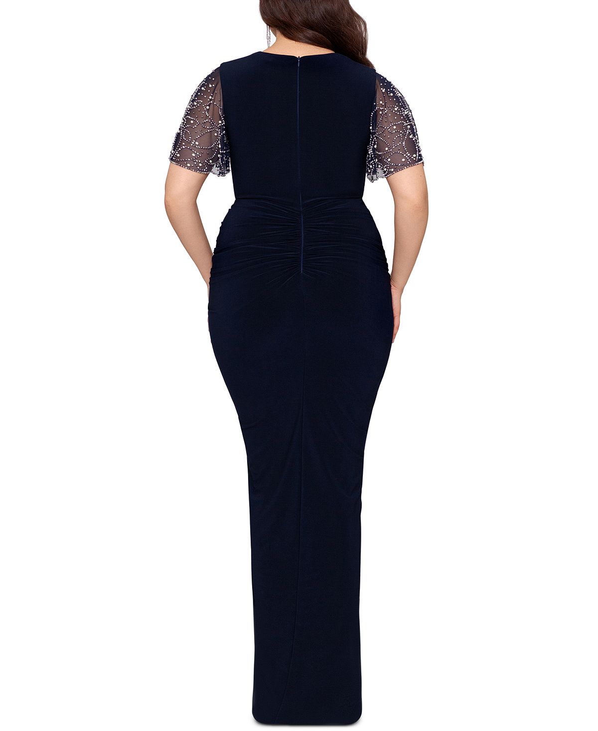 Betsy & Adam Women's Beaded Sleeve Ruffled Gown Blue Size 18W