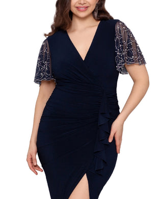 Betsy & Adam Women's Beaded Sleeve Ruffled Gown Blue Size 18W