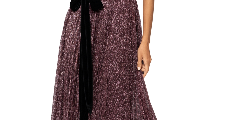 Betsy & Adam Women's One-Shoulder Tie Waist Metallic Gown Pink Size 8