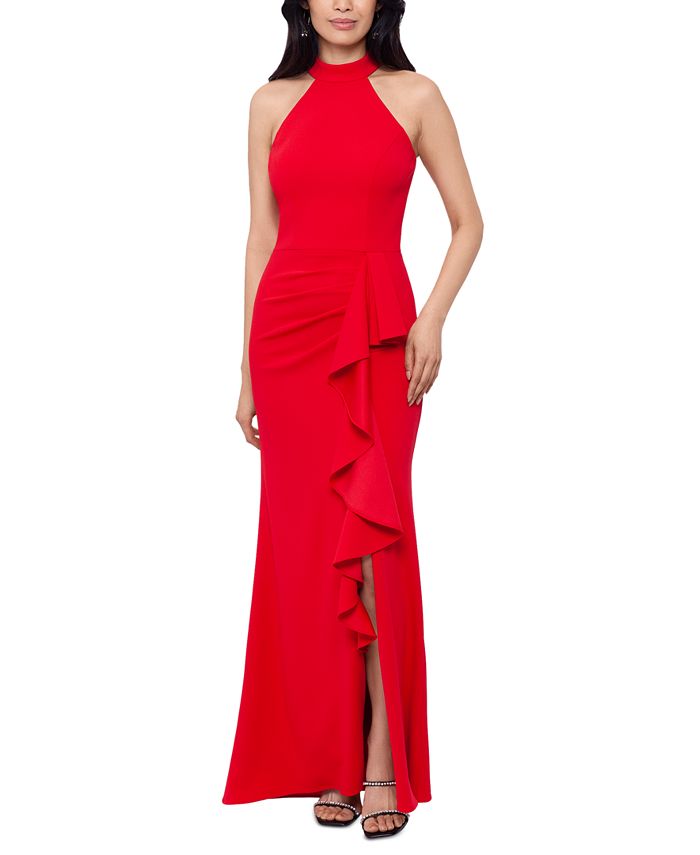 Betsy & Adam Women's Ruffled Side Slit Halter Gown Red Size 10 Petite