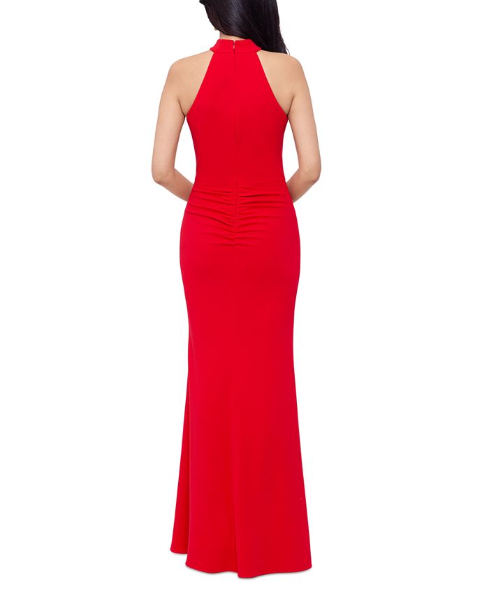Betsy & Adam Women's Ruffled Side Slit Halter Gown Red Size 10 Petite