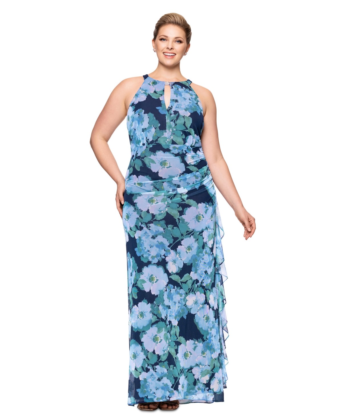 Betsy Adam Plus Size Printed High Neck Sleeveless Mesh Dress Blue Multi