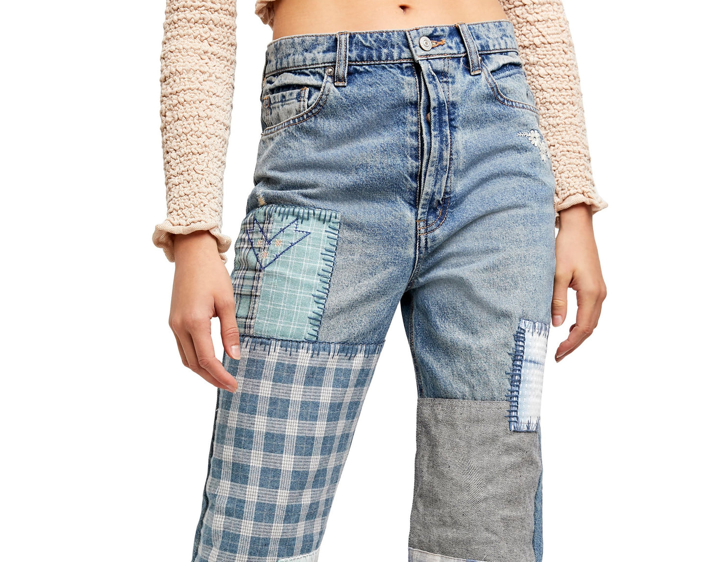Free People Women's Steinbeck Patchwork High Waist Straight Leg Jeans Blue Size 32