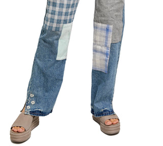 Free People Women's Steinbeck Patchwork High Waist Straight Leg Jeans Blue Size 32