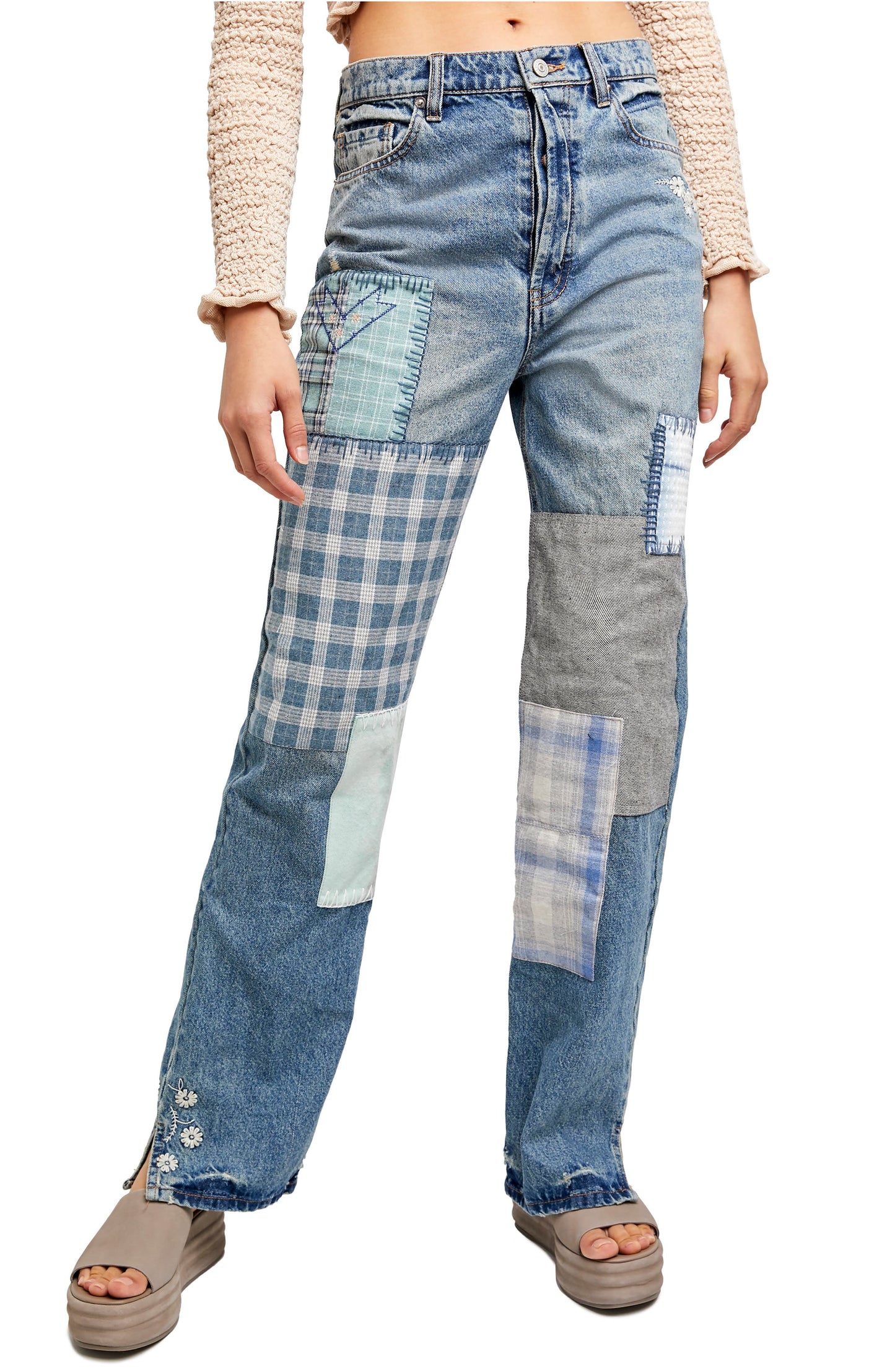 Free People Women's Steinbeck Patchwork High Waist Straight Leg Jeans Blue Size 32