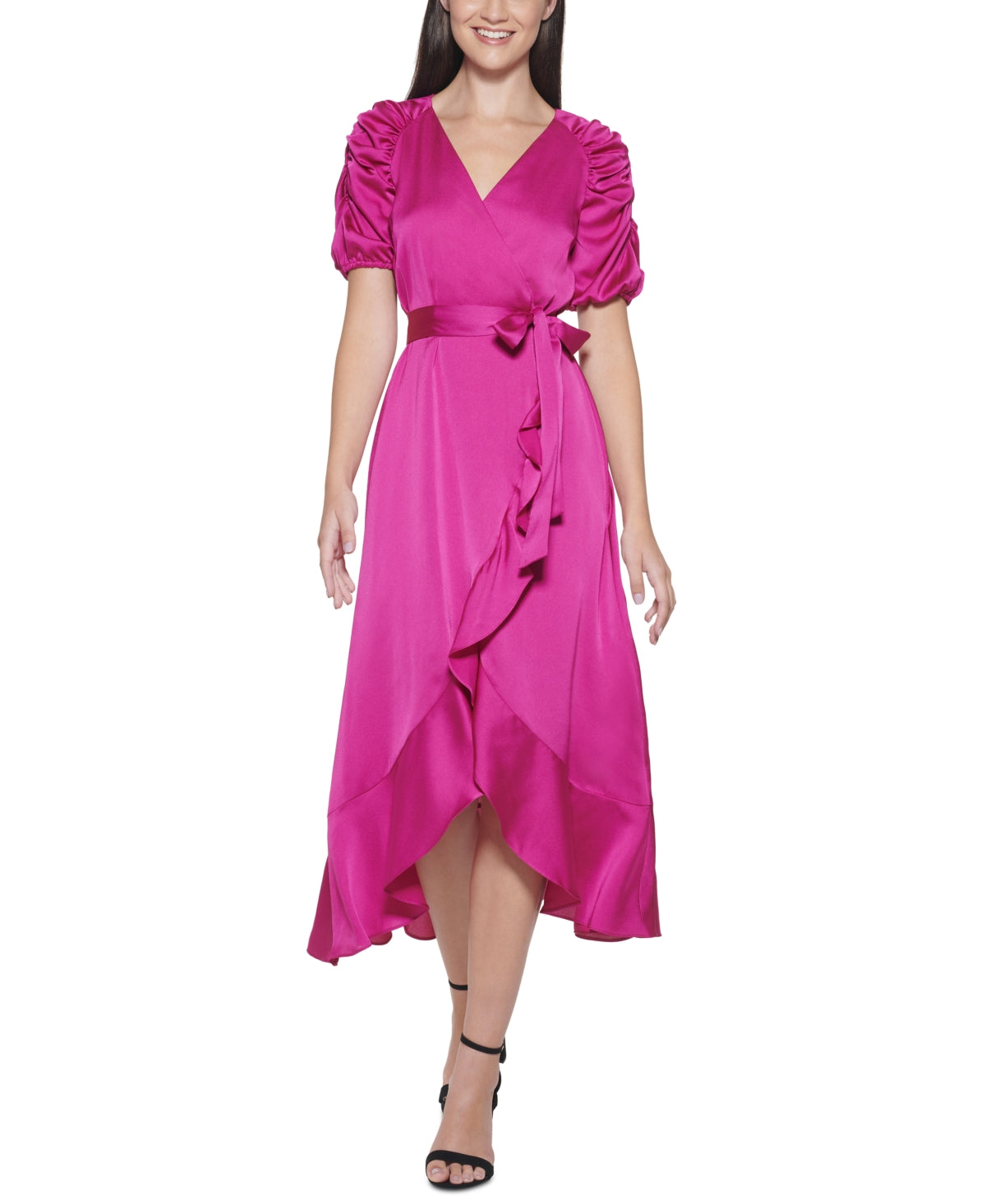 Kensie Women's Zippered Ruffled Ruched Sleeves Short Sleeve Midi Party Faux Wrap Dress Pink Size 10