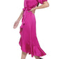 Kensie Women's Zippered Ruffled Ruched Sleeves Short Sleeve Midi Party Faux Wrap Dress Pink Size 10