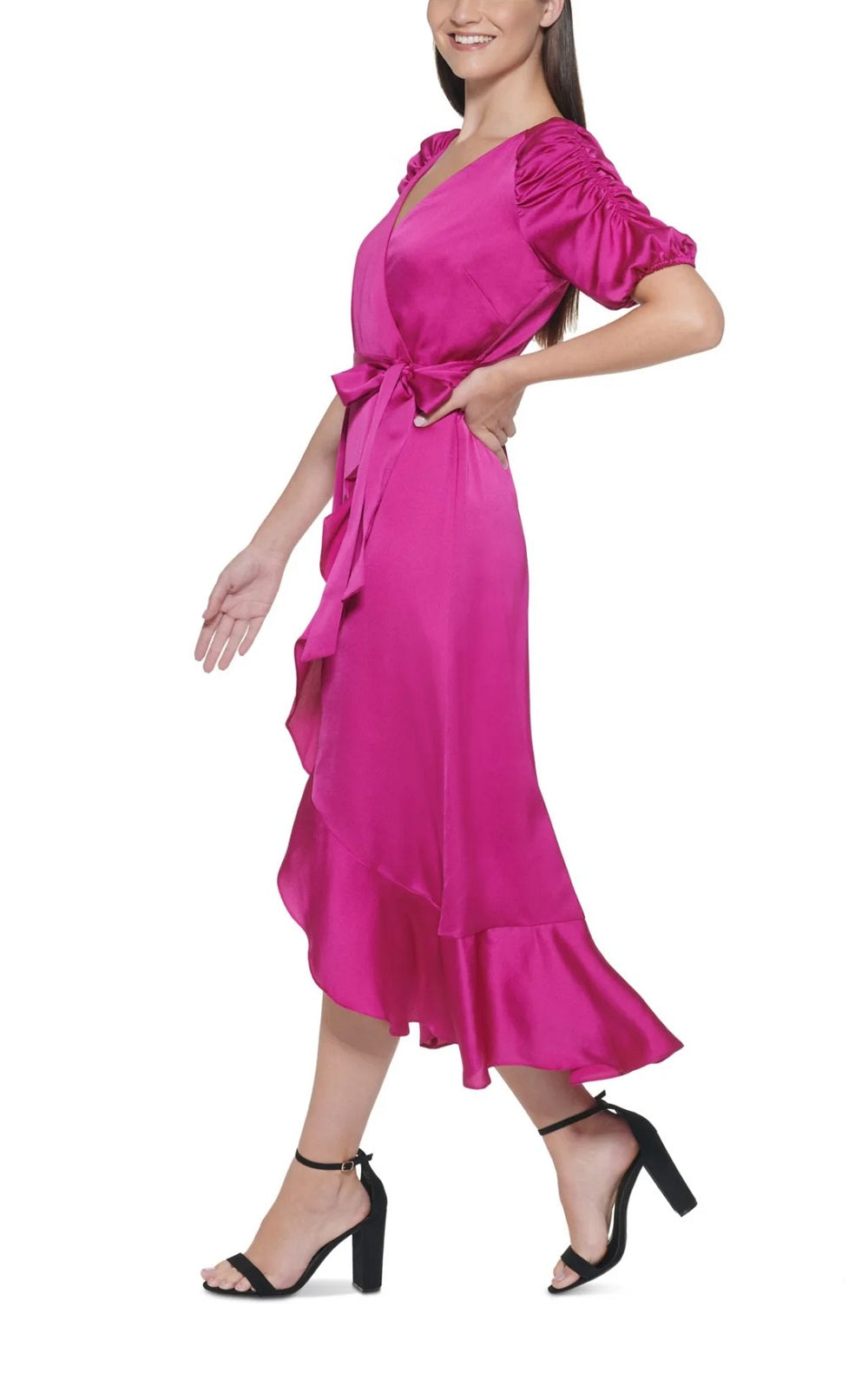 Kensie Women's Zippered Ruffled Ruched Sleeves Short Sleeve Midi Party Faux Wrap Dress Pink Size 10