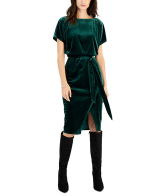 Kensie Women's Stretch Velvet Boatneck Tie Waist Sheath Dress Green Size Small