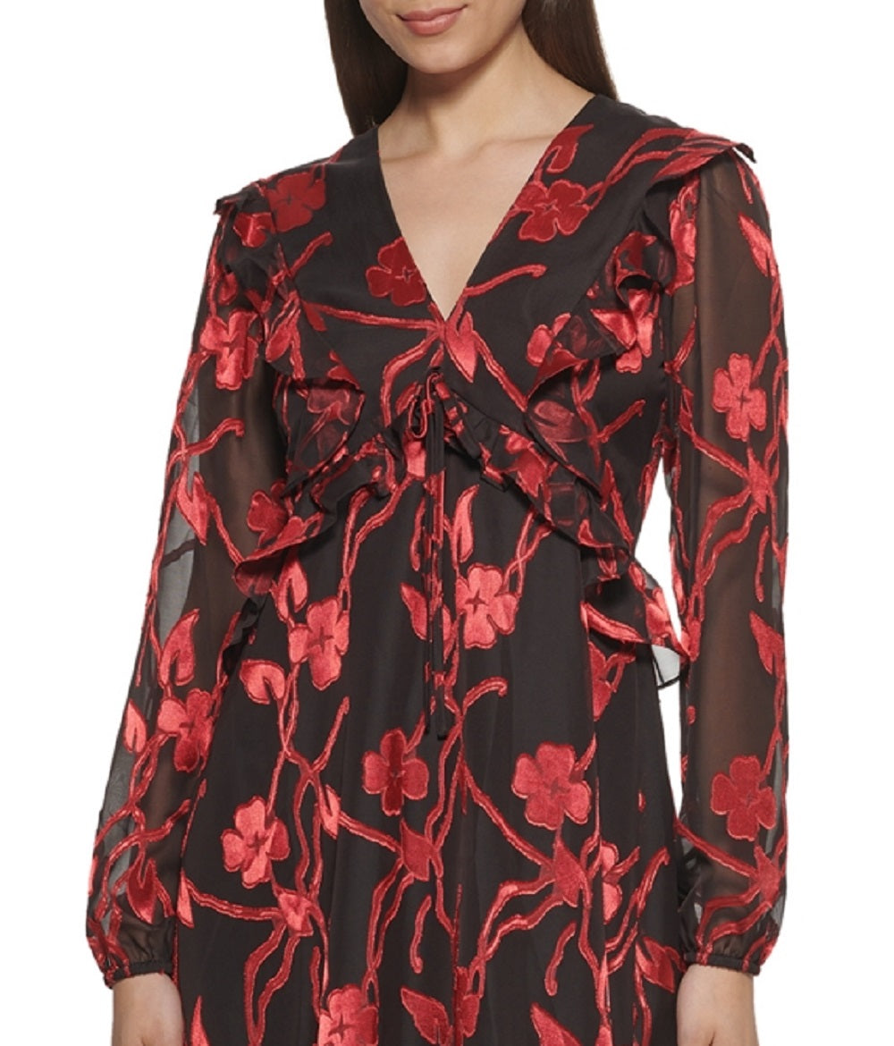 Kensie Dresses Women's Ruffled Zippered Lined Blouson Sleeve V Neck Short Formal Fit Flare Dress Black Size 12