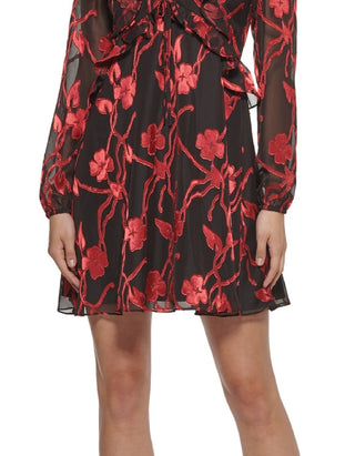 Kensie Dresses Women's Ruffled Zippered Lined Blouson Sleeve V Neck Short Formal Fit Flare Dress Black Size 12