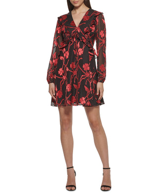 Kensie Dresses Women's Ruffled Zippered Lined Blouson Sleeve V Neck Short Formal Fit Flare Dress Black Size 12