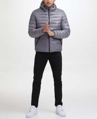 Kenneth Cole Men's Sherpa Lined Midweight Puffer With Hood Gray Size Small