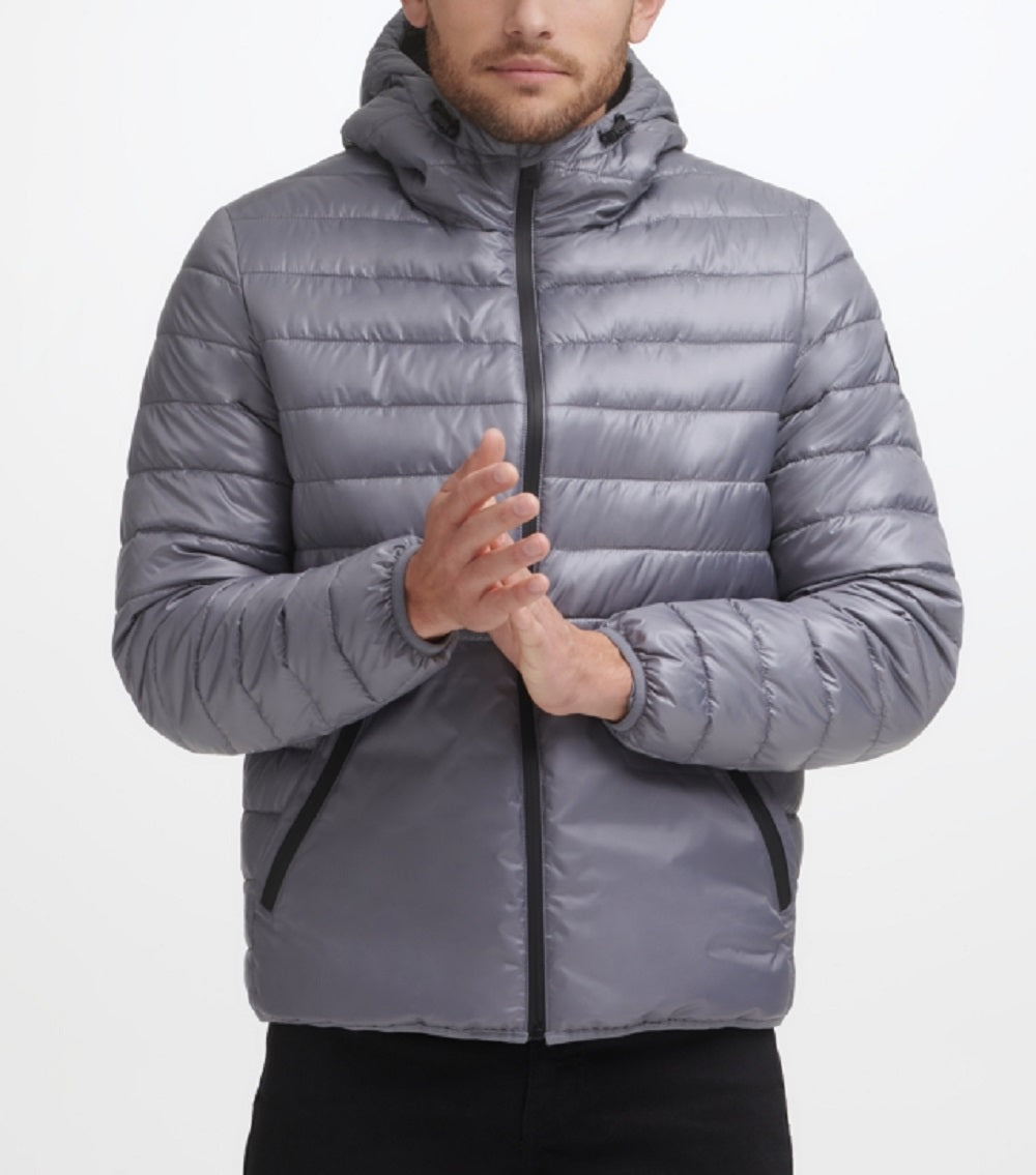 Kenneth Cole Men's Sherpa Lined Midweight Puffer With Hood Gray Size Small