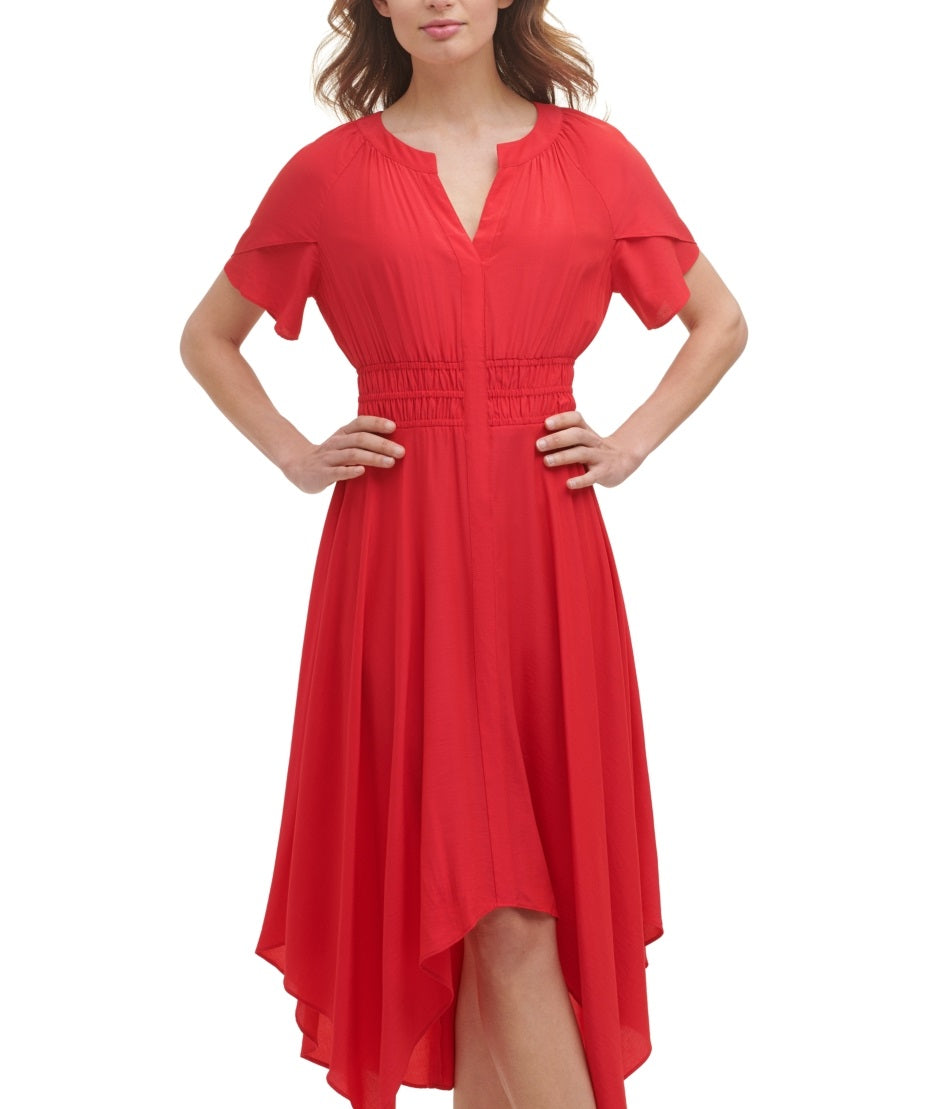 Kensie Women's Cotton Handkerchief Hem Midi Dress Red Size 16