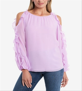 1.STATE Women's Ruffled Cold Shoulder Long Sleeve Scoop Neck Top Pink Size Large
