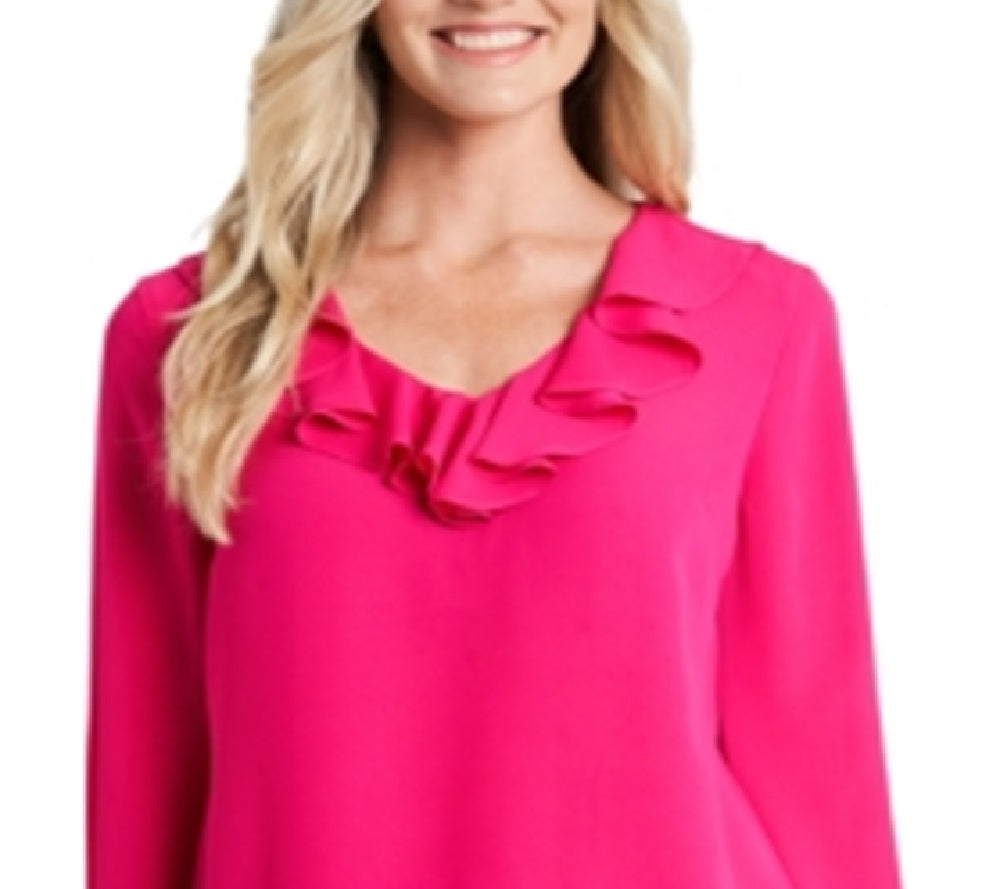 CeCe Women's Ruffle Detail V Neck Blouse Pink Size Small