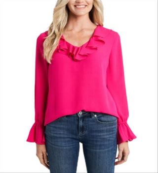 CeCe Women's Ruffle Detail V Neck Blouse Pink Size Small