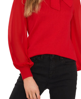 CeCe Women's Sweet Tie Mix Media Cotton Blend Sweater Red Size Medium