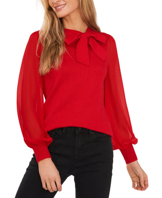 CeCe Women's Sweet Tie Mix Media Cotton Blend Sweater Red Size Medium