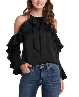 CeCe Women's Cold Shoulder Ruffle Blouse Black Size Small