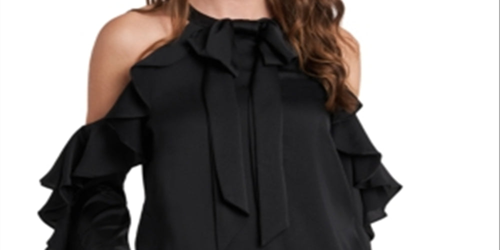 CeCe Women's Cold Shoulder Ruffle Blouse Black Size Small