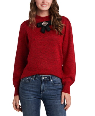 CeCe Women's Jeweled Bow Detail Sweater Red Size Medium