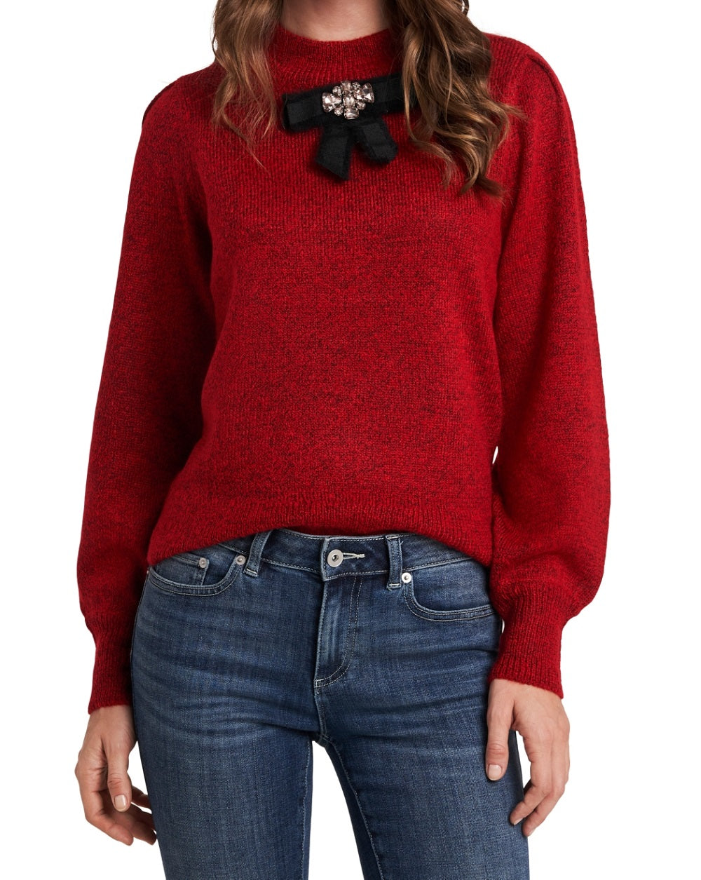 CeCe Women's Jeweled Bow Detail Sweater Red Size Medium