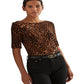 Ralph Lauren Women's Ocelot Print Boatneck Top Black Size Small