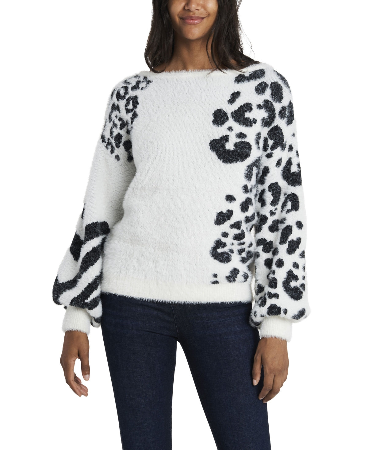 Vince Camuto Women's Animal Print Jacquard Fuzzy Sweater White Size X-Small