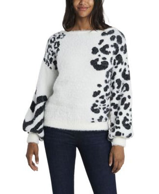 Vince Camuto Women's Animal Print Jacquard Fuzzy Sweater White Size Medium