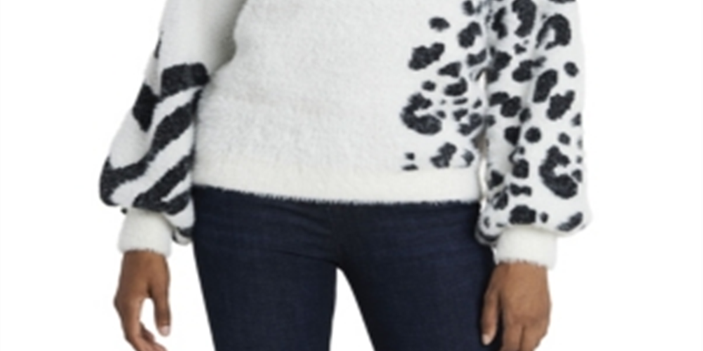 Vince Camuto Women's Animal Print Jacquard Fuzzy Sweater White Size Medium