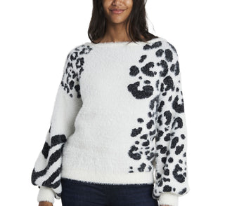 Vince Camuto Women's Animal Print Jacquard Fuzzy Sweater White Size Large