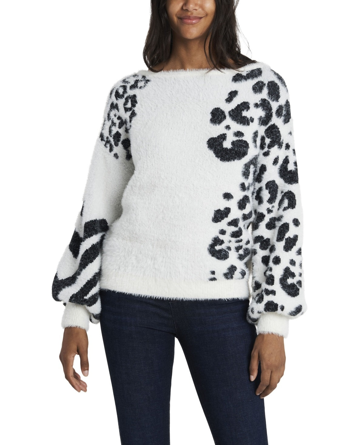 Vince Camuto Women's Animal Print Jacquard Fuzzy Sweater White Size X-Large