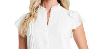 CeCe Women's Pintuck Ruffle Short Sleeve Blouse White Size L