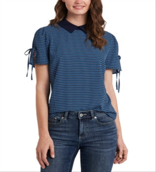 CeCe Women's Geo Collar Blouse Blue Size Medium