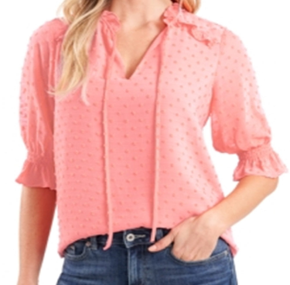 CeCe Women's Clip Dot Tie Front Top Pink Size Large