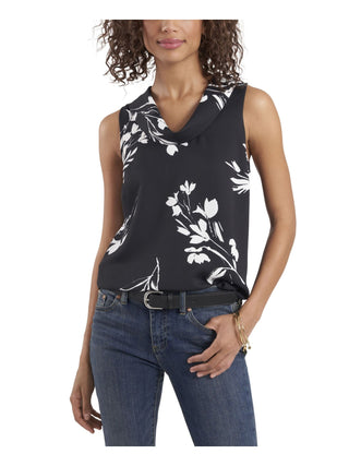 Vince Camuto Women's Darted Pleated Vented Sides Pullover Printed Sleeveless Cowl Neck Top Black Size Large