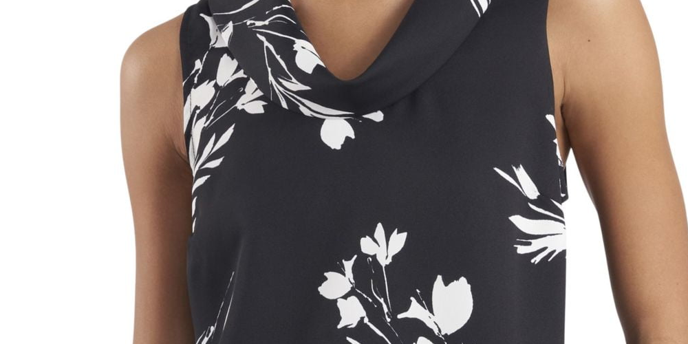 Vince Camuto Women's Darted Pleated Vented Sides Pullover Printed Sleeveless Cowl Neck Top Black Size Large