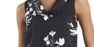 Vince Camuto Women's Darted Pleated Vented Sides Pullover Printed Sleeveless Cowl Neck Top Black Size Large